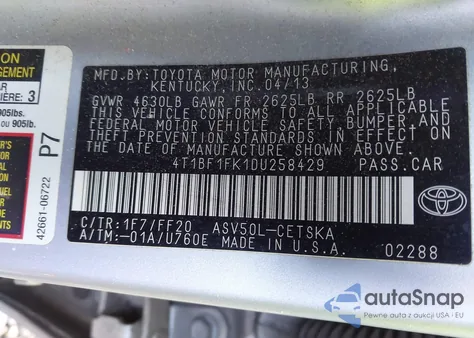 2013 Toyota Camry Se from USA, damaged, VIN 4T1BF1FK1DU258429